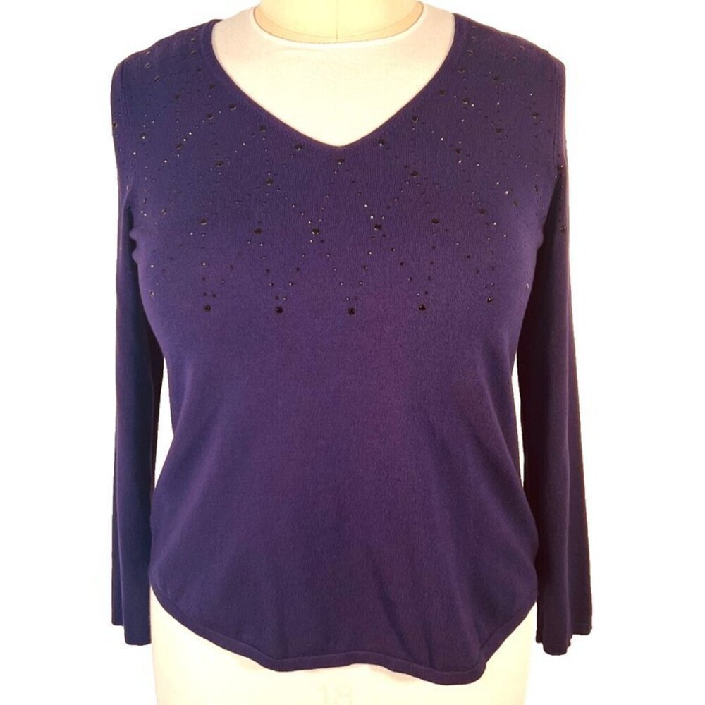 Chico's - Women's L Sweater VNeck Dark Purple Black Beaded Long Sleeve